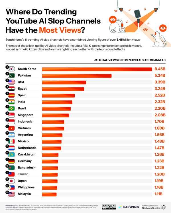 02 The Countries Where Trending AI Slop Channels Have the Most Views Riset: 33% Feed YouTube Berisi Video AI Slop